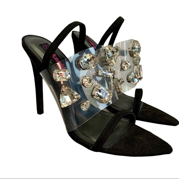 Wild Diva NWOB Black clear plastic Rhinestone Embellished sling back high heel 7 - Picture 1 of 7